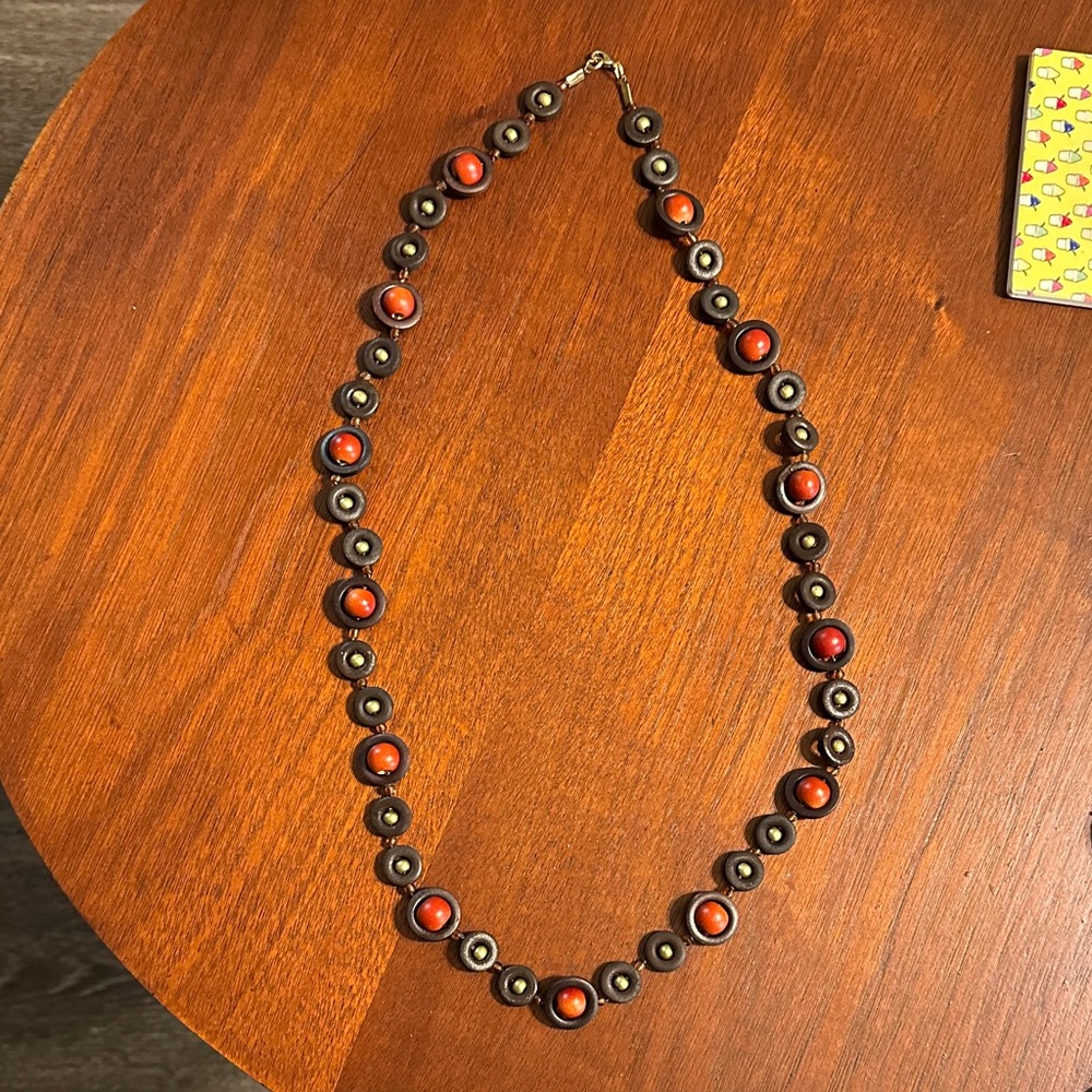 Brown and Red Wooden Beaded Necklace